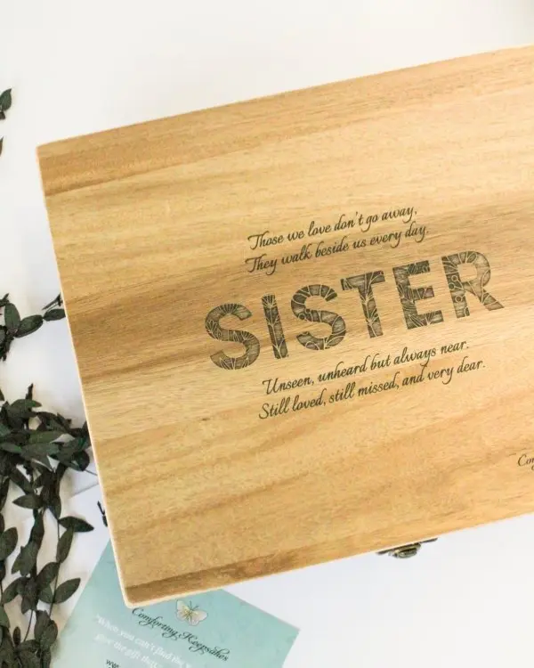 SISTER Engraved Acacia Wood Keepsake Memory Box - Comforting Logo Design - Solid Wood - 12x14x4.5 Inches - Memorial Gift