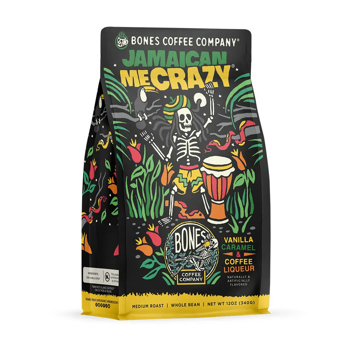 Bones Coffee Company Jamaican Me Crazy, Vanilla Caramel and Coffee Liqueur Flavor, Medium Roast, Ground and Whole Coffee (12oz)