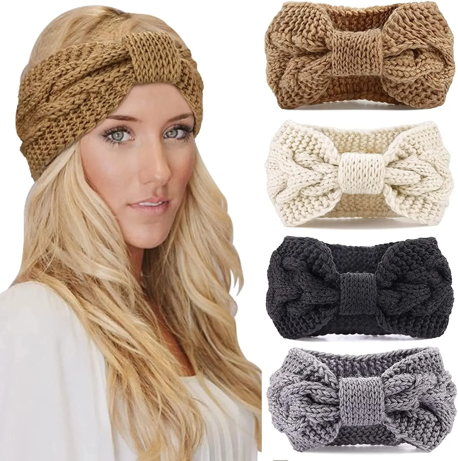 Women's 4-Pack Soft Chunky Knit Turban Ear Warmers - Thick Elastic Wide Hair Band, Cold Weather Warmth, Easy Winter Outfit Match, Forehead Protection, Anniversary Fashion Hair Accessory Headwear
