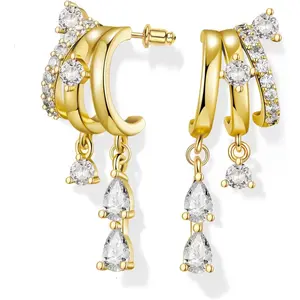 Hefanny Triple Huggie Stacked Earrings for Women Gold Chain Drop Dangle Earrings Cute Statement CZ Earrings Trendy Dainty Jewelry Gift