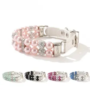 ELEGANT PEARL COLLAR Leashes w/ Crystal Charm Hypoallergenic Simulated Pearls - Blush Sky Blue & Mint for Bridal Pets & Parties XXS-XS Sizing for Cats & Toy Breed Dogs