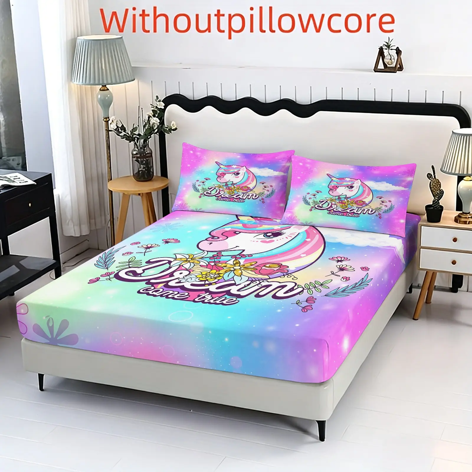 3pc Rainbow Unicorn Printed Bedding Set, including 1 bedsheet and 2 pillowcases, suitable for single beds, double beds, multiple sizes to choose from, perfect for bedrooms, dormitories, Washable Bedding supplies
