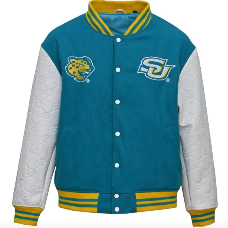 Southern University Varsity Jacket - with Embroidered Logos and Striped Cuffs