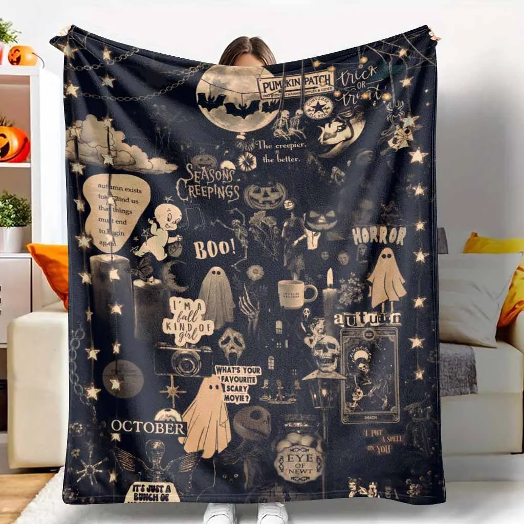 Halloween Aesthetic Flannel Throw Blanket Set, Spooky Ghost-Pumpkin Collage Pattern, Ultra-Soft Lightweight Breathable Texture, Ideal for Sofa Decor & Movie Night Warmth, Festive Seasonal Gift for Friends