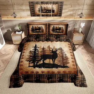 Deer Bear Plaid Comforter Set,Animal Hunting Bear Print Bedding Set,Kids Boys Men,Pine Trees Rustic Retro Grid Quilted Duvet Set