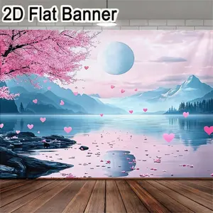 2D flat banner, 1pcTranquil pink blossom lake scenery backdrop, perfect for romantic events, photography sessions, wedding decorations, indoor/outdoor celebrations, and serene themed gatherings. Multiple sizes available.