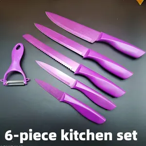 6-Piece Non-Stick Kitchen Knife Set with Peeler, Colorful Purple Knives with Plastic Handles