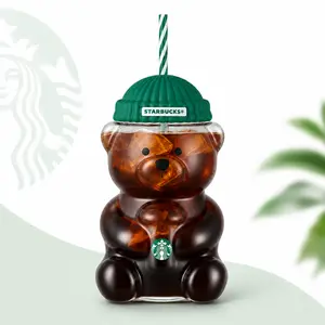 Starbucks Green Lid Bear Shaped Cold Drink Cup 20 oz, Clear Iced Coffee Tumbler with Striped Reusable Straw, Cute Animal Cup for Tea, Juice, Smoothies, Coffee Bar Decor, Desk Drinkware, Party Favor and Gift Pendants and Decorations