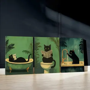 3pcs Black Cats Wall Art, Reading Time Poster, Bathroom Scene Art Prints, Tropical Leaves Home Decor, Modern Wall Paintings, Cozy Canvas Posters Wall Arts, Decor for Living Room, Restaurant, Kitchen, Bedroom, Housewarming Gift, With Frame