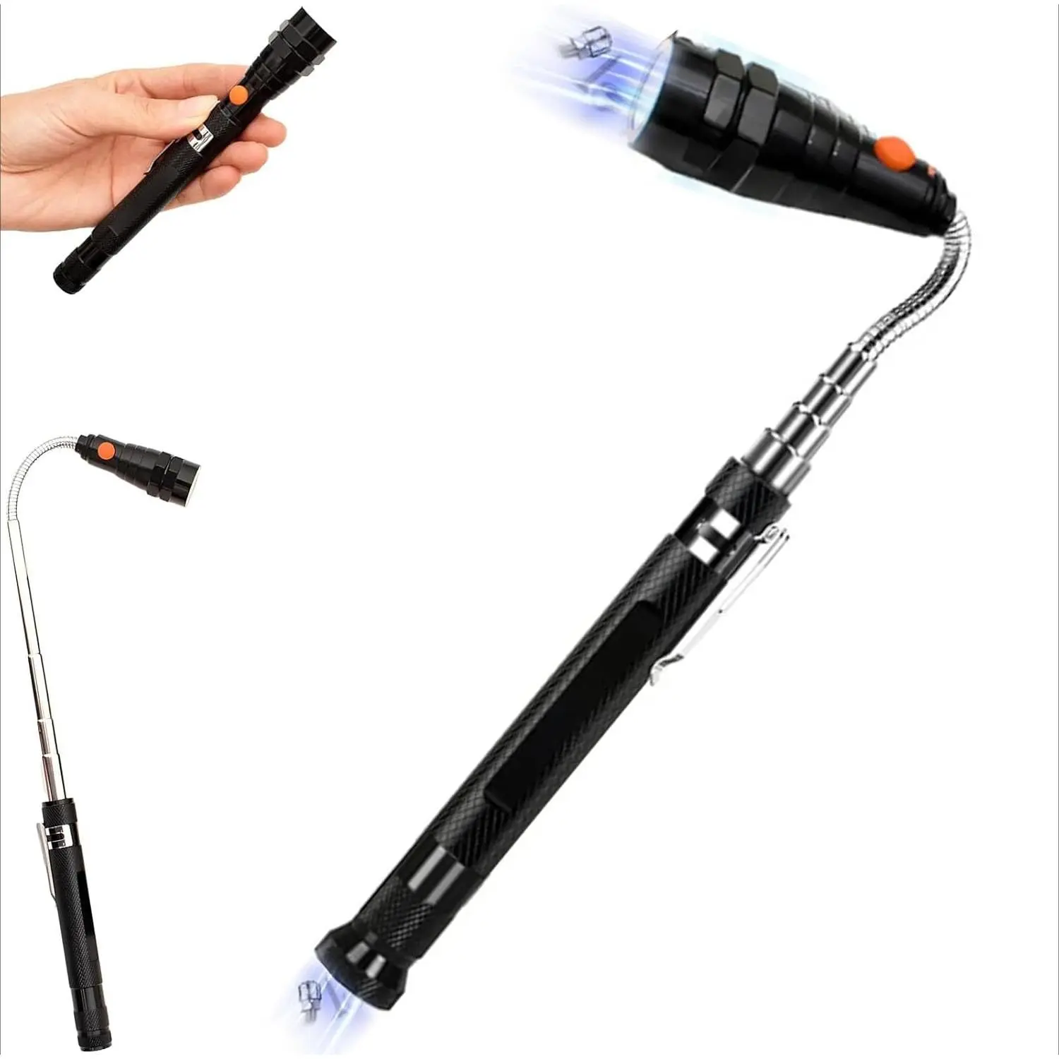 1 pc Extendable 22.6 in LED Magnetic Pickup Tool with Flashlight, 3 High-Brightness F5 LED Beads, 15 Lumens, 360° Swivel Magnet, Secure Pocket Clip, Ready-to-Gift Automotive Bendable Retrieval Tool for DIY Enthusiasts’ Small Metal Parts in Tight Spaces