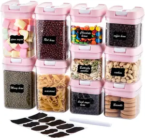 Airtight Food Storage Container Set-10 Piece BPA Free Clear Plastic Cereal Canisters with Easy Lock Lids-Kitchen & Pantry Organization Containers for Sugar, Flour, Cereal, Labels & Marker(Pink)