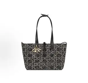 Pre-owned Dior leather Shoulder Bags Toujours golden metallic sheen braided pattern embroidery woven fabric handbag medium size women's black