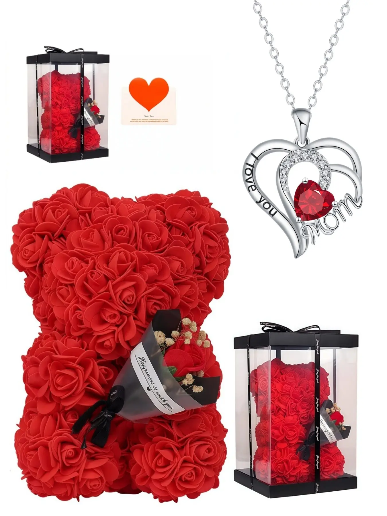 Blazing Heart Mother's Grace · Dual Soft Vows Premium MOM heart-shaped gem necklace Chain Jewelry.Paired with a preserved rose & teddy bear gift box.Perfect mysterious gift for birthdays, Valentine's Day, Mother's Day and Christmas.