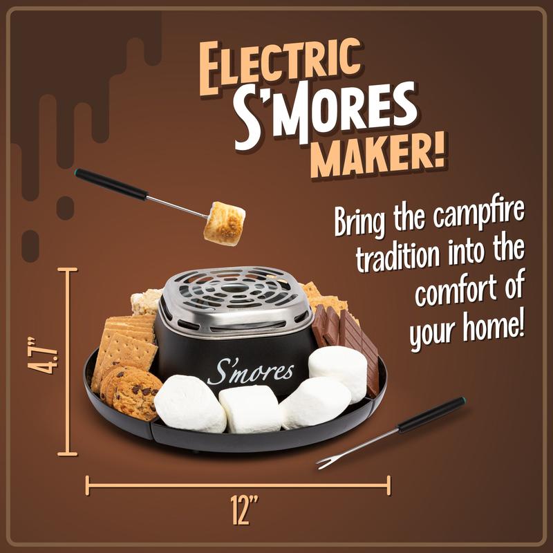 Indoor Electric Stainless Steel S'mores Maker with 4 Compartment Trays & 2 Roasting Forks for Perfect Golden Brown S'mores