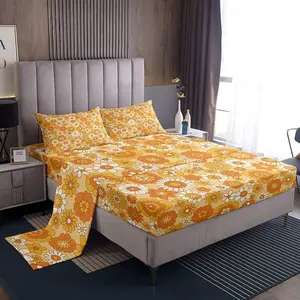 Feelyou 60S-70S Retro Floral Microfiber Bedding Sheet Sets, Beige Groovy Floral Print Boho Bedding, Soft Multi-Size Deep Pocket Fit Bedding for Girls