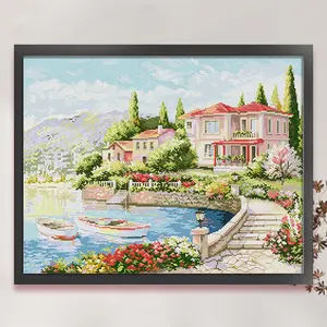 Full Embroidery cotton Thread 11CT Printed Lake Como Cross Stitch 66x55cm