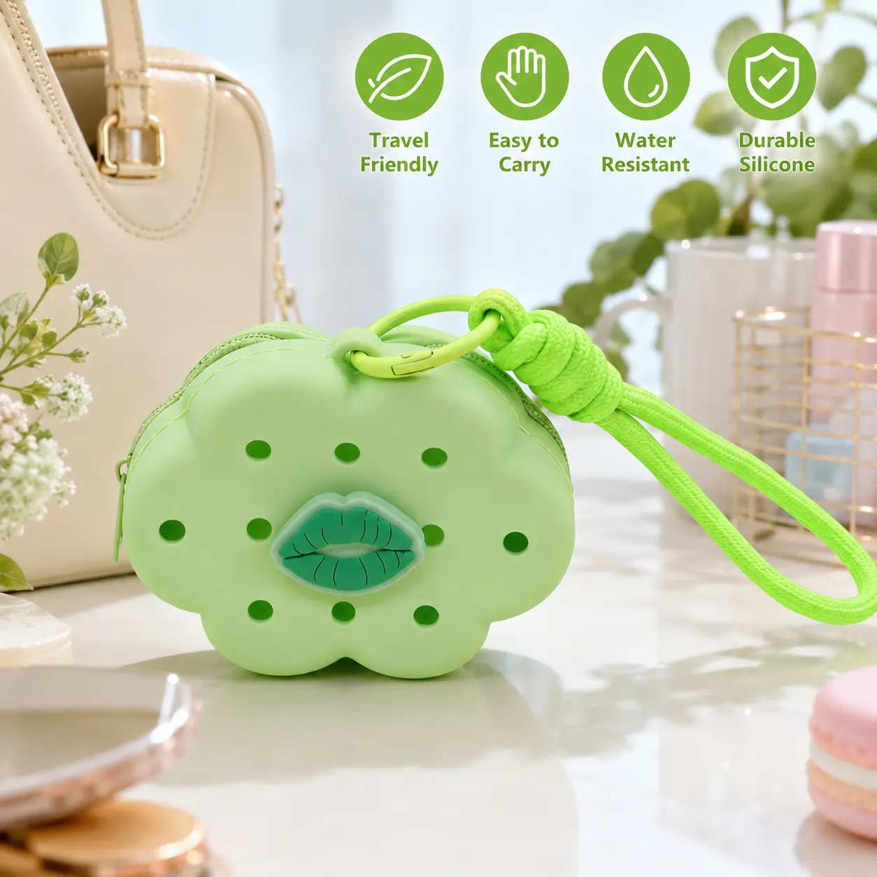Silicone Cloud Shaped Mini Coin Purse, Zipper Pouch with Decorative Charm and Wrist Lanyard for Holding Coins Earbuds Small Daily Items