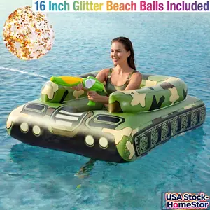 60-Inch X-Large Inflatable Water Tank Pool Float for Adults, Blow-Up Ride-On with Spray Guns and 16'' Beach Ball, Swimming Pool Floaty for Outdoor Lake River, Friends Family Battle Floating Rafts Party Toys, Summer Beach Water Fun Games Floaties