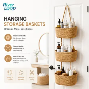 Woven cotton 3-Tier Over the Door Basket, Wall-Mounted Jute Storage Organizer in bathroom – Decorative Nursery Baskets, Perfect for Busy Mom/Dad to Store Diapers & Toys small basket Gift Hook laundry basket house organizers