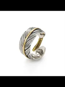 New Unique Feather Design Men's Vintage Trendy High Bridge Iwamura Ring Finger Band, Ethnic Pattern Copper Material, All Seasons