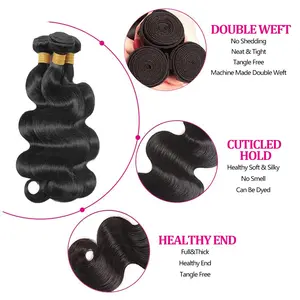 Black Women's 100% Unprocessed Brazilian Virgin Body Wave Real Hair Extensions, 3 Fashion Accessory Bundles with Glossy Texture, Multiple Lengths (14in, 16in, 18in)