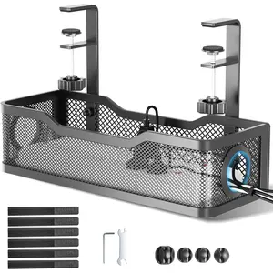 Management Under Desk Tray, No Drill  Management Box With Clamp for Wire Organization, Cord Organizer for Office, Home - No  to Desk (Black)