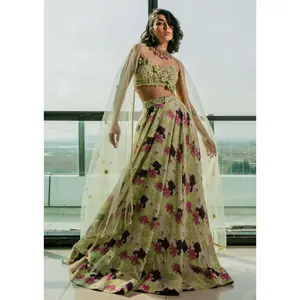 Lime green printed lehenga set