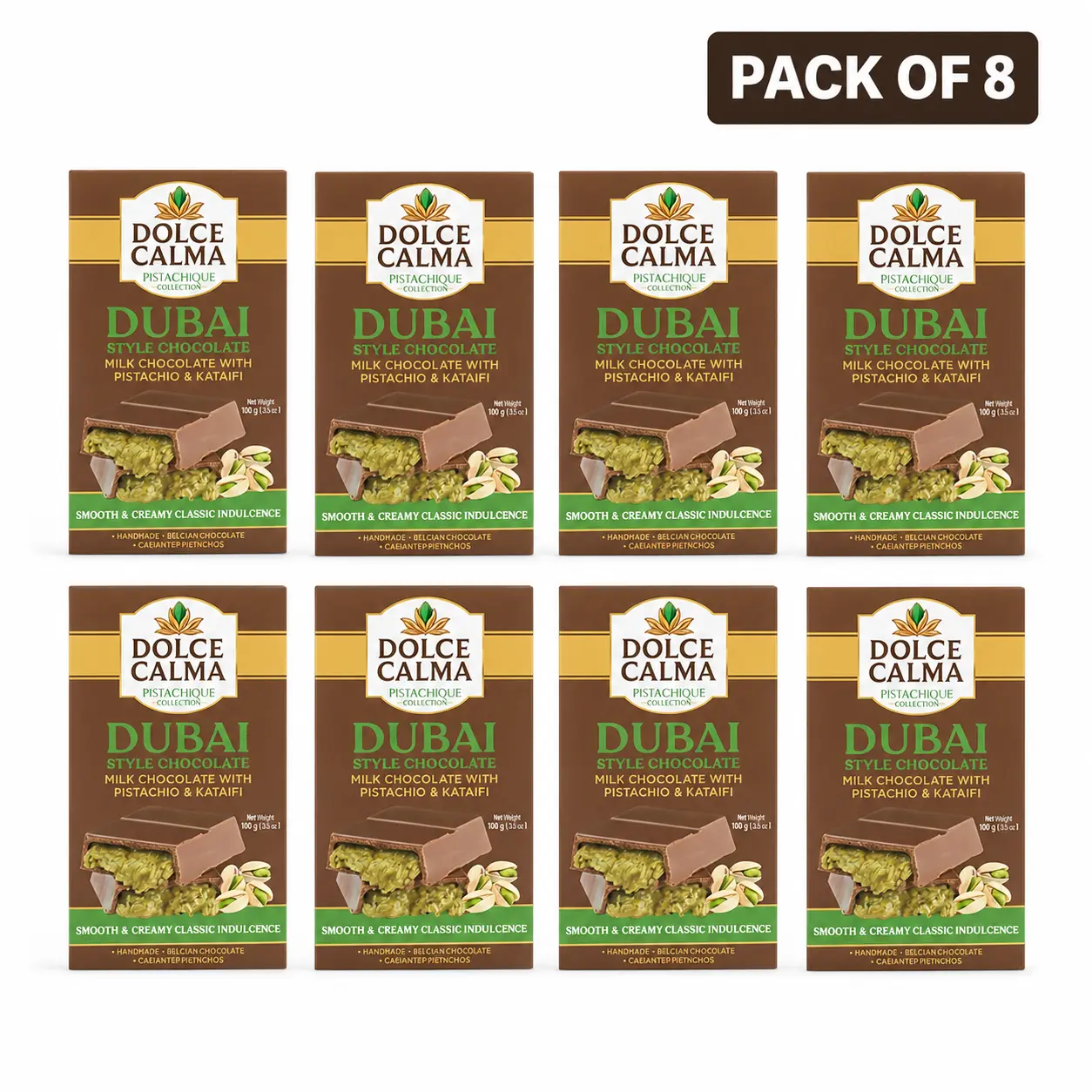 Dolce Calma Dubai Chocolate Bar White(100g / 3.5oz) – Viral Authentic Handmade Belgian Chocolate with Turkish Pistachio & Crispy Kataifi, Premium Quality Luxury Cream Kunafa Filling, No Palm Oil (Milk Pistachio – 3.5 oz) - Pack of 8