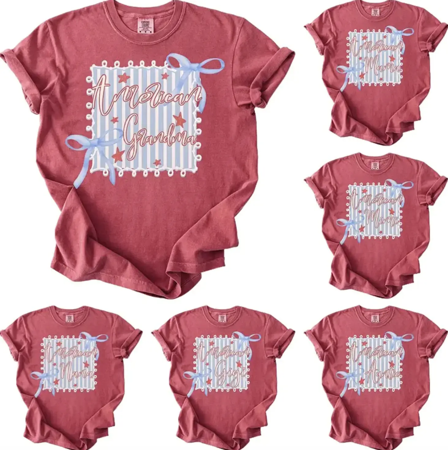 Custom Comfort Colors American Grandma Flag Bows Coquette Shirt, Personalized 4th of July T-Shirt, Mama Nana Honey Mimi Gigi Lala Shirt