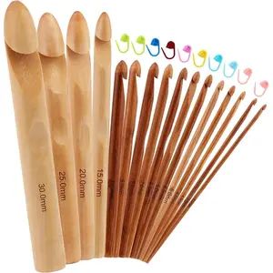 16 Pieces Wooden Crochet Hooks, 3 to 30 mm in Diameters Handle Crochet Hook Knitting Crochet Needles with 10 pcs Knitting Stitch Markers for Handcraft Crocheting