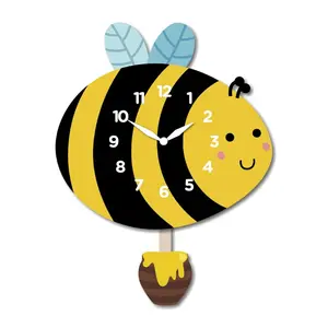"Buzzberry" - Delightful Bumblebee Pendulum Wall Clock, Cartoon Style, Yellow/Black, MDF, Matt Finish, 9.6'x12.6'x1.8', White Gift Box Decor Set