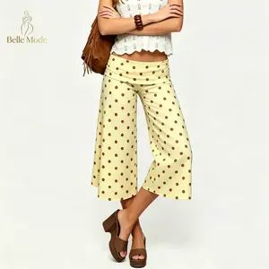 Women's Fold Over Capri Pants Low Rise Wide Leg Gaucho Pants Summer Casual Cropped Yoga Culottes Pajama Bottoms