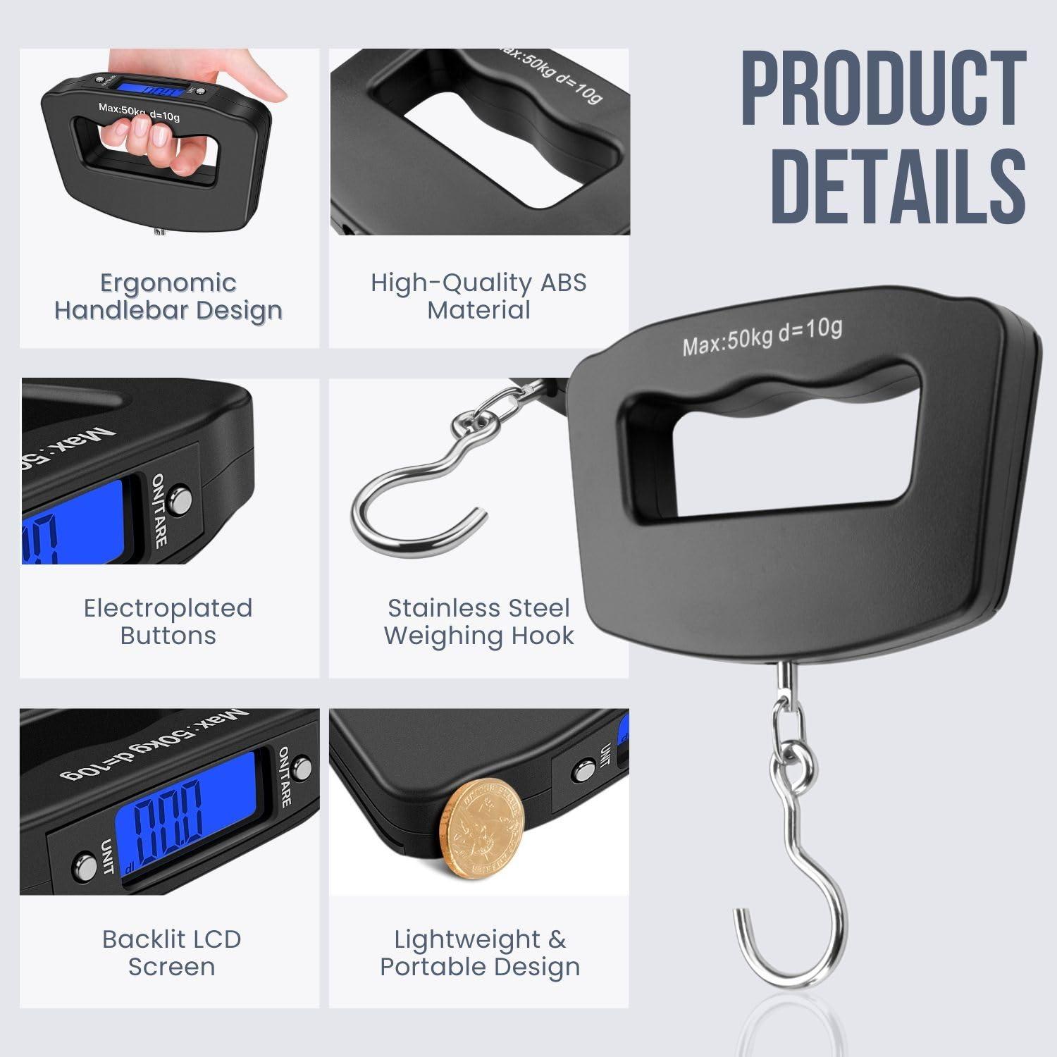 Portable Digital Precision Luggage Scale, Handheld Weighing Mini Electronic Scale with Fishing Hook Tare Function Backlit LCD Display, Suitable for Home Farm Factory Hunting Outdoor Travel