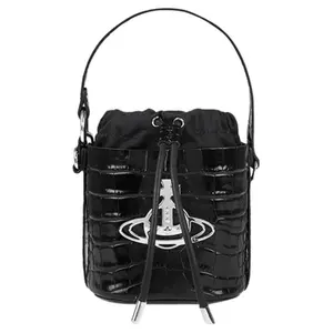 Vivienne Westwood DAISY Crocodile-Embossed Bucket Bag with Silver Hardware and Drawstring Closure in Black Calfskin for Women