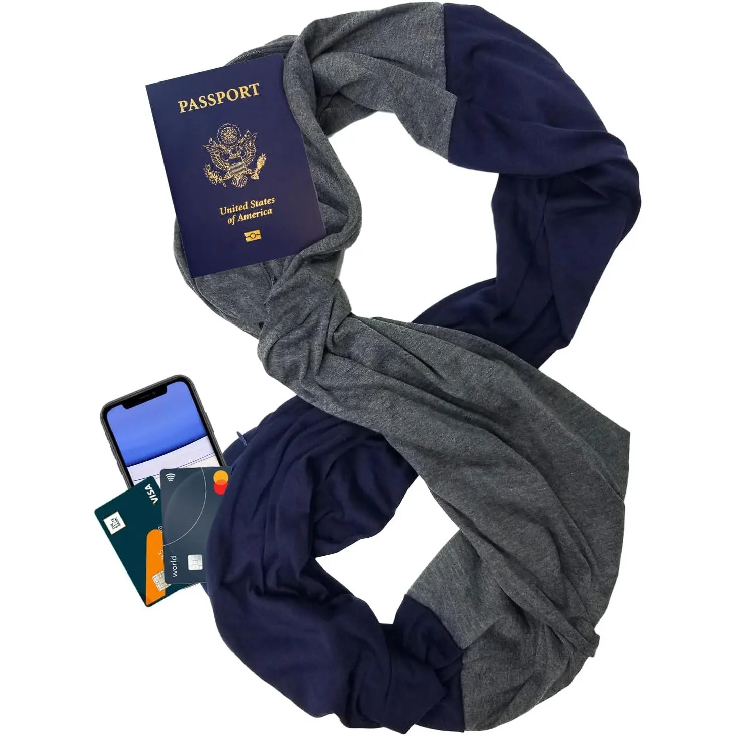 Travel Scarf 2  Zipper Pocket for Women, Infinity Loop Scarf with Double Zip Pockets,  Wrap, Dual Color