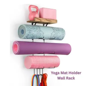 Yoga Mat Holder Wall Rack – Hooks & Shelves Organizer for Mats, Towels, Foam Rollers & Resistance Bands, Home Gym Storage