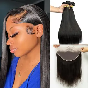 Straight hair bundles with front human hair, 10A grade Brazilian human hair, 3 bundles of hair, with 13x4 lace frontal, free parting, 100% unprocessed virgin hair straight weave