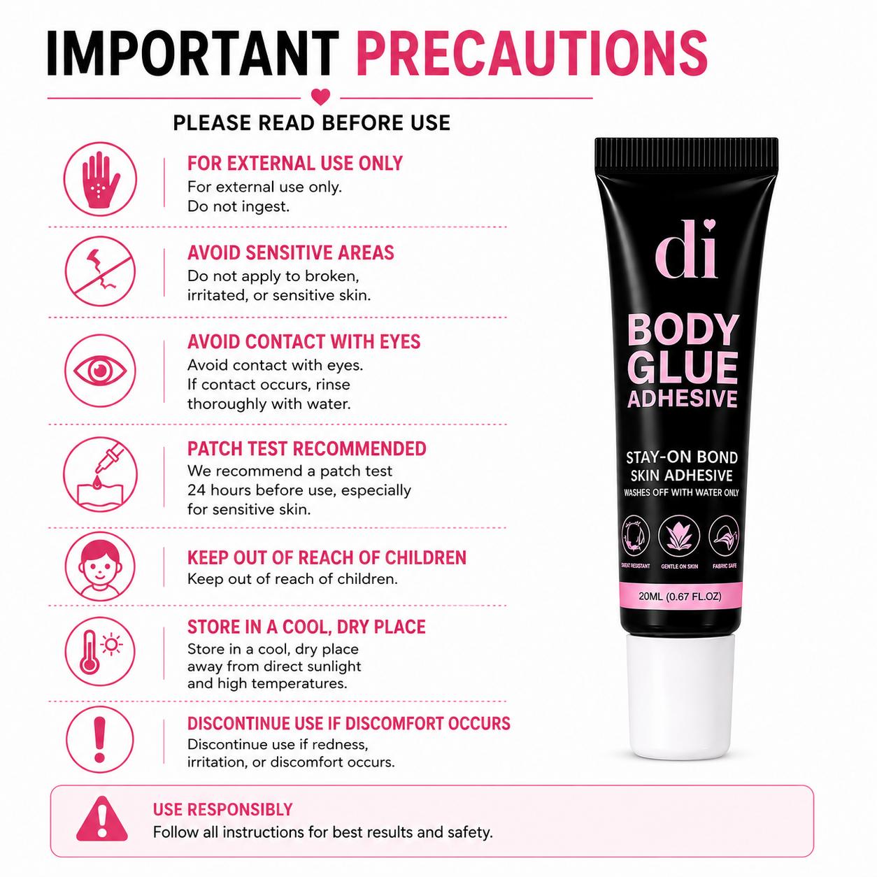 Body Glue Skin Adhesive - Invisible Waterproof Strong Hold for Strapless Dresses & Festival Wear - Sweat Resistant with Easy Removal, Compact & Portable 20ml, Aqua, Glycerin, Diglycol Crosspolymer, Fashion Emergencies, Skin-Friendly Formula, Lightweight,, Body Glue Skin Adhesive - Invisible Waterproof Strong Hold for Strapless Dresses & Festival Wear - Sweat Resistant with Easy Removal, Compact & Portable 20ml, Aqua, Glycerin, Diglycol Crosspolymer, Fashion Emergencies, Skin-Friendly Formula, Lightweight,,