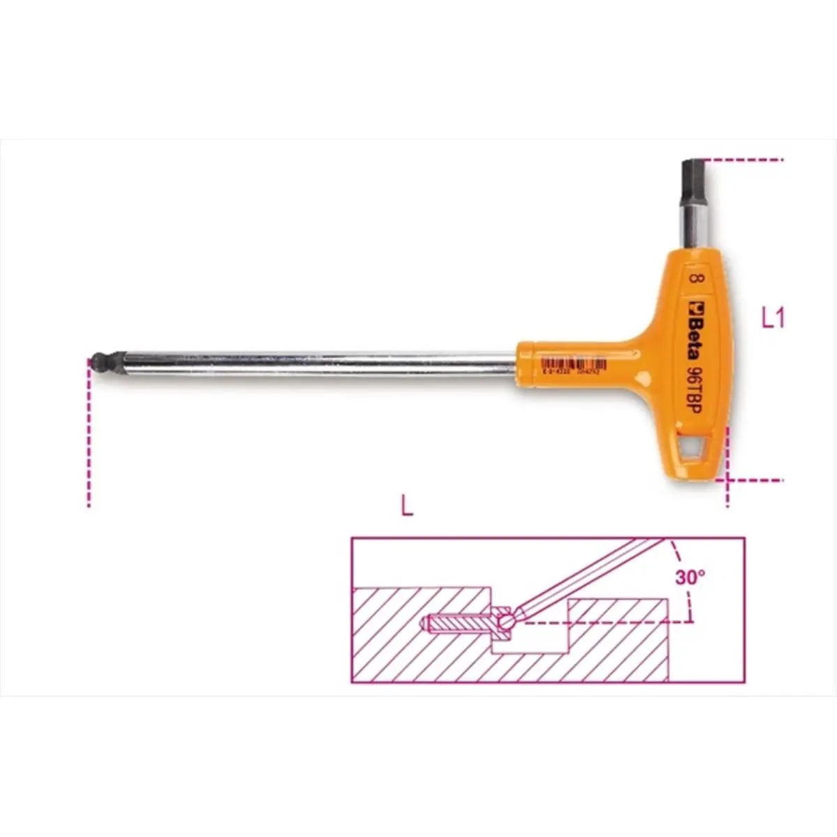 Beta Tools 96T-BP Offset Hexagon Key Wrenches with Ball Head Tips, 2-2.5mm Size Range, High Torque Offset Handles, L