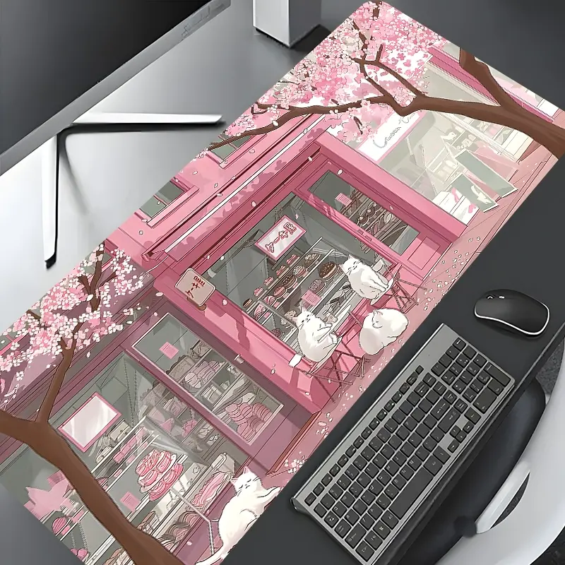 Pink Cherry Blossom Kawaii Cat Coffee Large Gaming Mouse Pad, Gaming desk accessory, Cute desk accessories, Japanese Girls Washable Rubber Desk Mat with Non-Slip Base, Girly Home Office Decor, office supplies