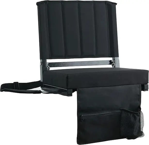 Virplik Portable Folding Stadium Bleacher Chair - Back Support, Thick Cushion, Easy-Access Cup Holders, Storage Pockets, Shoulder Strap (17.51”H x 16.92”L x 13.58”W, Black) for Sports Games, Picnics