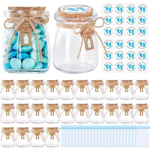 24 Pcs Baby Shower Party Favors for Guests, 3.4 oz Small Glass Mason Jars with Cork Lids, Stickers, Label Tags, Twine, Organza Bags, Mini Candy Jar Favors for Boy