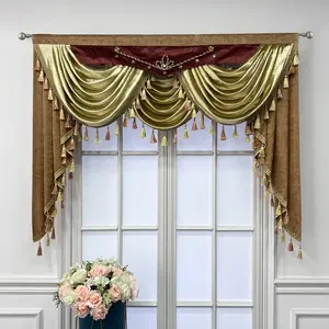 Gold Scallop Jacquard Curtain for Kitchen Luxury Waterfall Valance 45 inches Length Brown Chenille Curtain Swag Window Treatment for Living Room Bedroom,Pack of 1pc