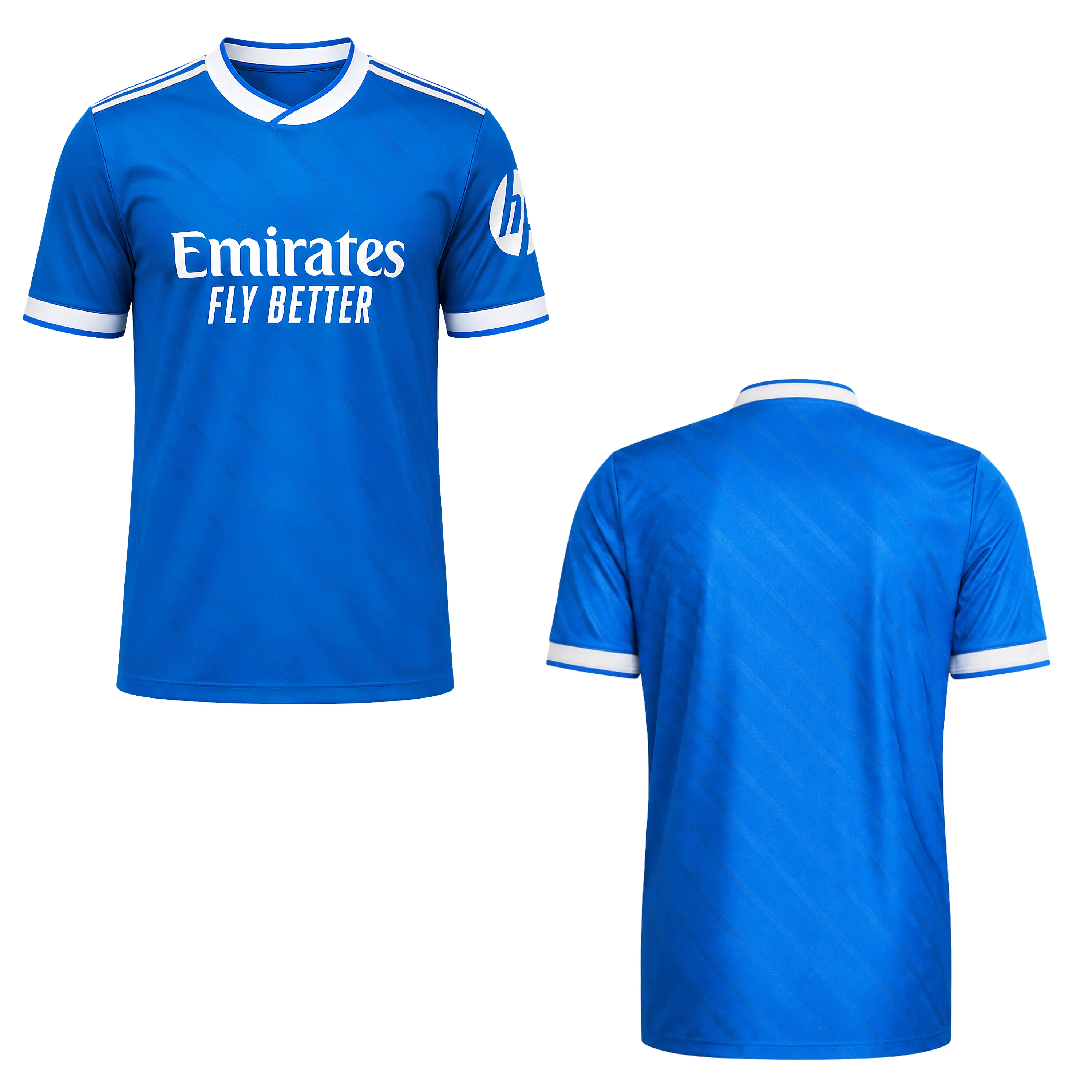 Emirates Fly Better Blue Soccer Jersey with White Trim and Logo on Sleeves