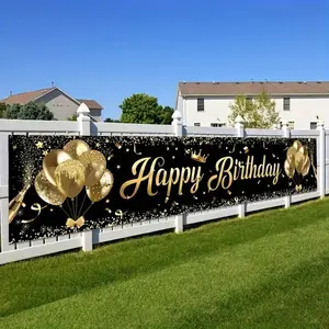 1pc Black and Gold Birthday Party Banner, Durable Polyester with Balloon Design, Easy Hang No Electricity Needed, Weather Resistant for Indoor Outdoor Party, Anniversary, VIP & Photo Backdrop