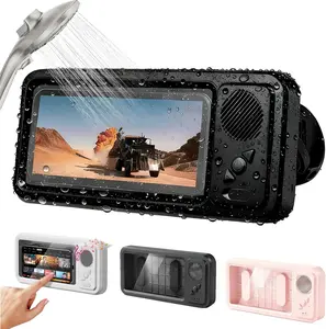 Upgraded Shower Phone Holder Waterproof with Wireless Bluetooth Audio - Wall Mount Phone Stand with Adjustable Viewing Angles for Bathroom Mirror - Anti-Fog High Sensitivity Screen Case for Watching Videos and Listening to Music - Easy Drill