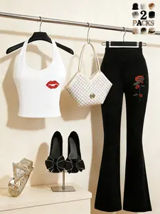 Women's Summer Casual Womenswear 2-Piece Set, Sexy Halter Top + Fashion High Waist Bell-Bottom Pants, Fit Perfect for Daily Urban Outdoors Summer Clothing Set