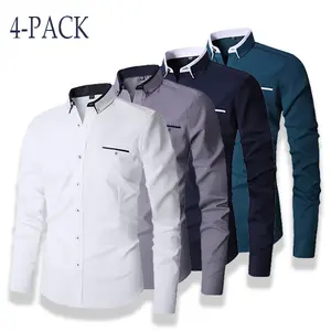 Men’s 4-Pack Slim Fit Wrinkle-Free Button-Down Longsleeve Dress Shirts, Menswear Plain Top for Business and Casual Wear