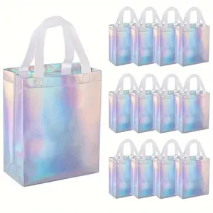 15 Rainbow Holographic Gift Bags, Goody Bags, Party Favor Bags, Reusable Medium Handbags, Durable Polypropylene Material, Waterproof Design, Perfect for Birthdays Parties Weddings, Party Supplies, Birthday Gift Accessories