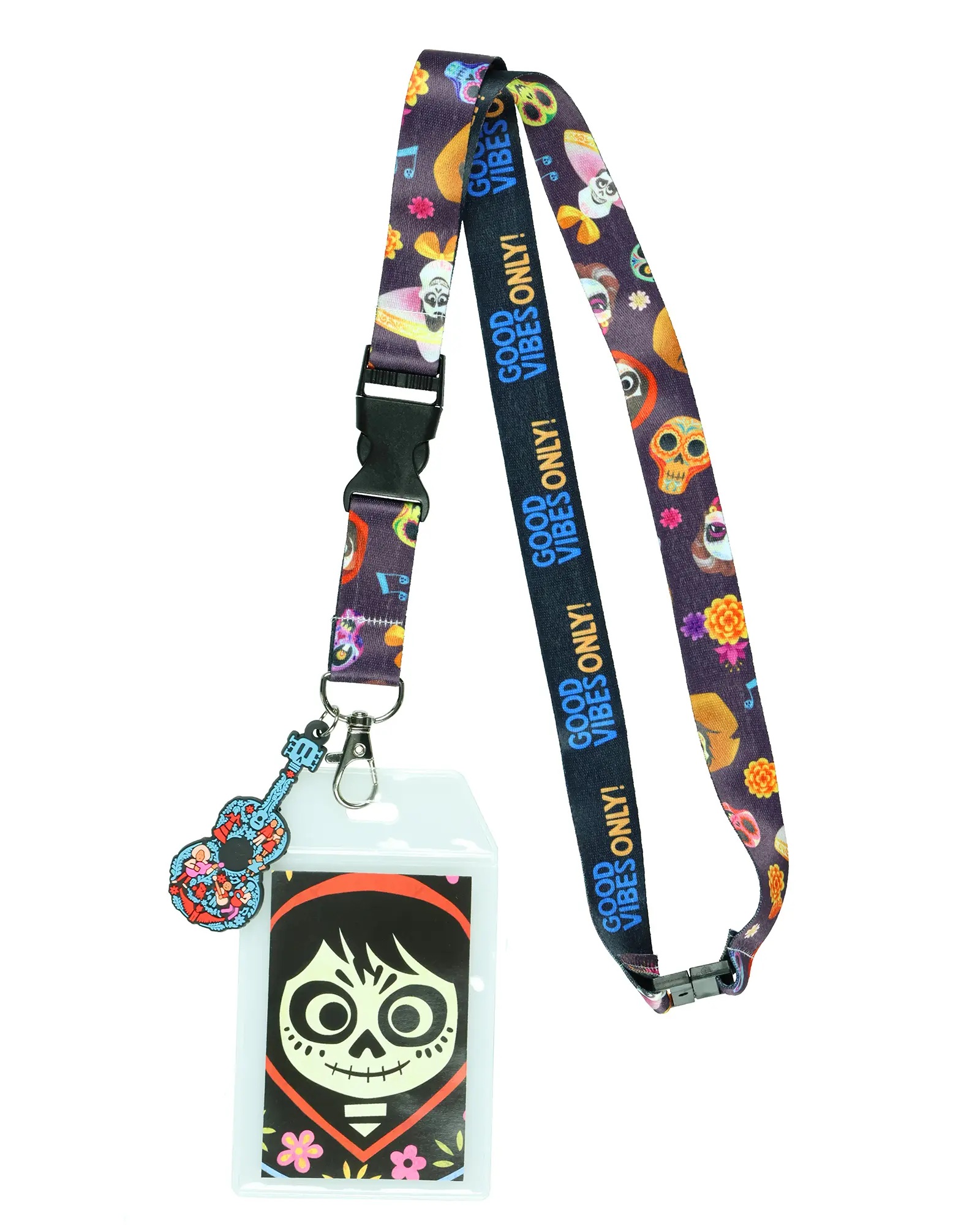 Disney Coco Good Vibes Only Lanyard with Clear ID Holder and 2.5" Rubber Guitar Charm